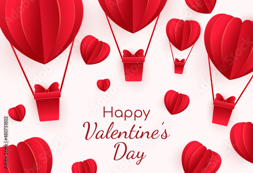 Happy Valentines Day typography vector design with paper cut red heart balloons flying on white background. Vector illustration.