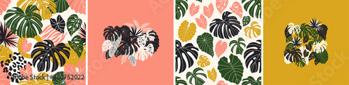 Tropical leaves patterns and compositions. Exotic palm leaves backgrounds collection.