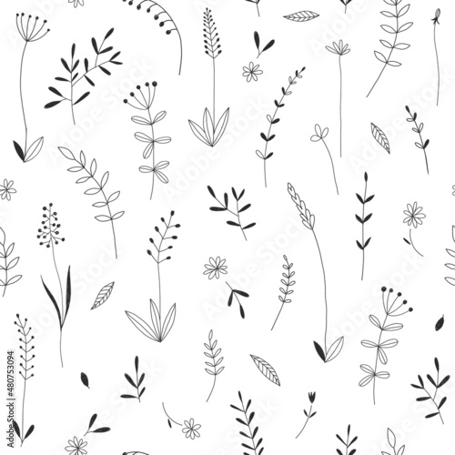 Doodle meadow plants vector seamless pattern. Boho floral background. Line art style herbs design for nursery and baby textile.