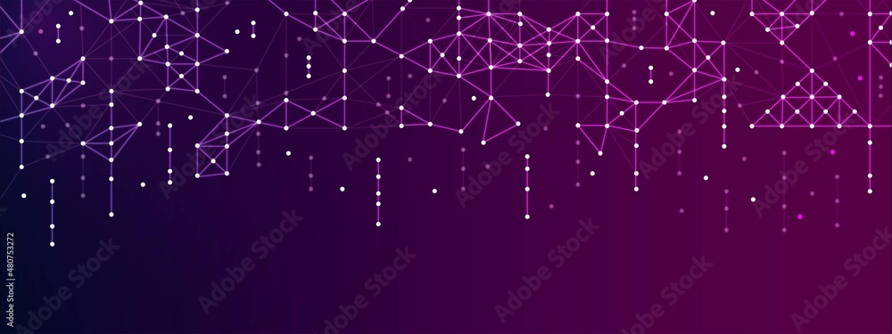 Abstract neon technology background. Pattern of dots, squares and lines. Design is a luminous plexus of  damaged network. Digital connection, grid. Poster for medicine, websites. Vector illustration