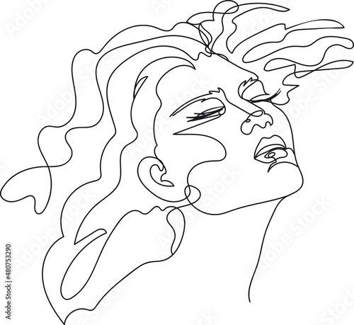 Beautiful girl portrait with long hair and closed eyes.Vector linear illustration.
