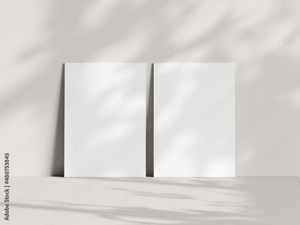Two vertical cards mockup in boho, invitation mockup, greeting card on beige background, 3d render Two vertical cards mockup in boho, invitation mockup, greeting card on beige background, 3d render