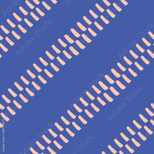 Abstract stitch style stripe vector pattern seamless background. Diagonal irregular running handstitch needle work effect striped backdrop. Simple embroidery stitching repeat in blue and pink.
