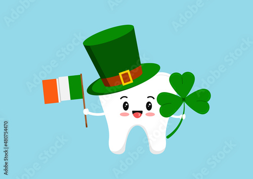 St Patrick tooth in leprechaun hat shamrock and flag lin hand. Dental tooth irish character with three leaves clover, green cylinder hat. Flat design cartoon dentist celebration vector illustration.