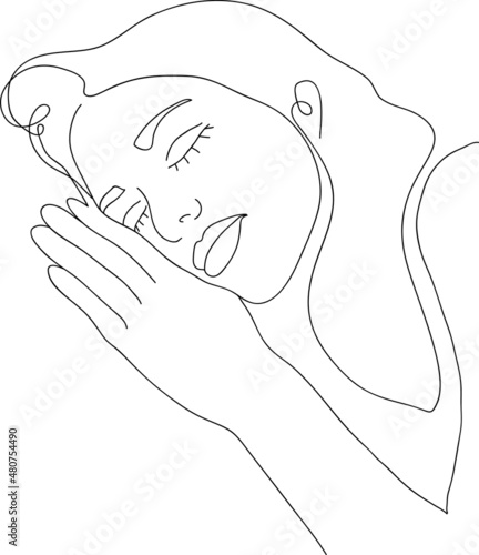 The woman sleeps in bed. Insomnia Vector linear illustration.