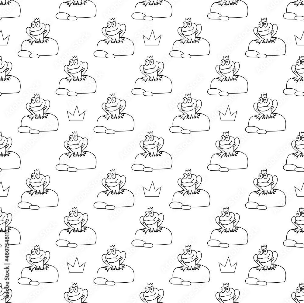 Princess Frog on a rock waiting love seamless pattern. Isolated on white background. Vector illustration
