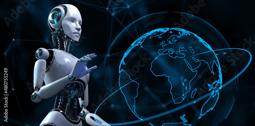 Cyborg Robot 3d render plexus background robotic process automation AI data analysis.