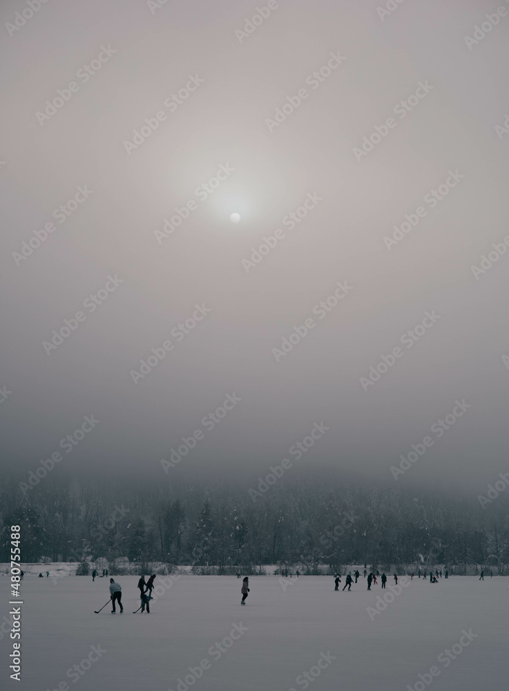 Naklejka premium Eisläufer am See bei Nebel