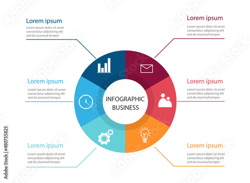 Infographics design template with circular sign design. Successful Business Ideas. 6-step function icon and description. Vector illustrations in flat design.
