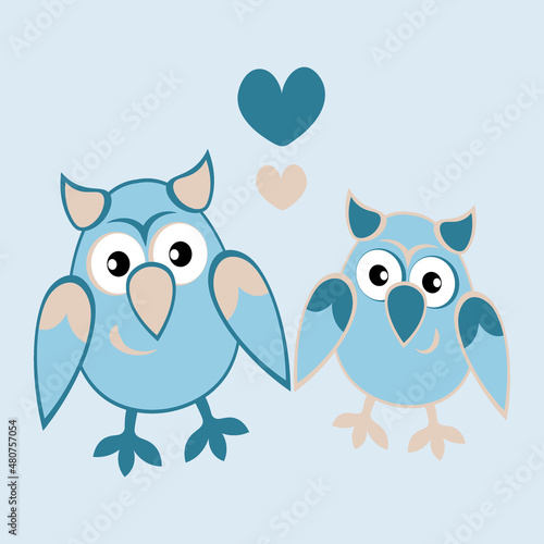 two owls in love with hearts. Cartoon birds. Pastiche. Children drawing