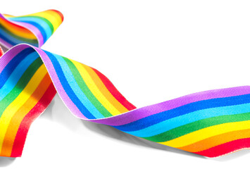 Colorful rainbow ribbon border design. LGBT colourful corner design, isolated on white background. Gay pride design. Curly, waving ribbon or banner with flag of LGBTQ pride border