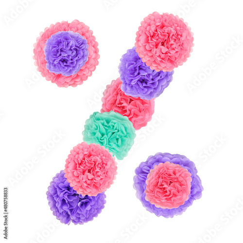 Percent sign per cent symbol or interest rates made collage of paper flowers turquoise  pink and purple isolated on white.