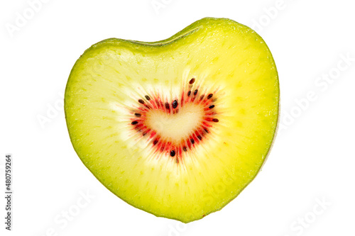 Heart shaped red kiwi fruit macro on white background