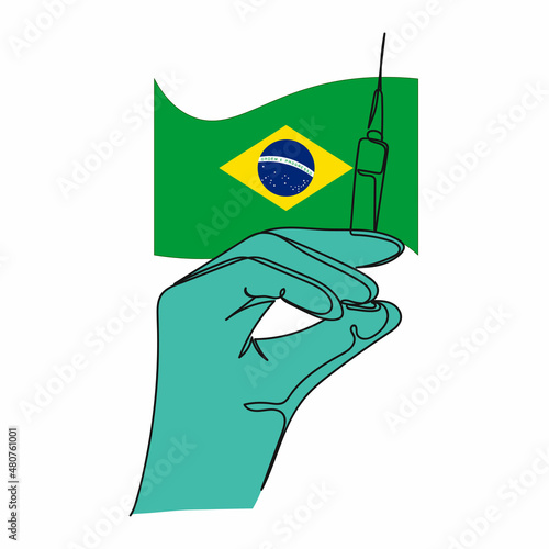 Continuous one simple single abstract line drawing of hand holding vaccine Brazil icon in silhouette on a white background. Linear stylized.