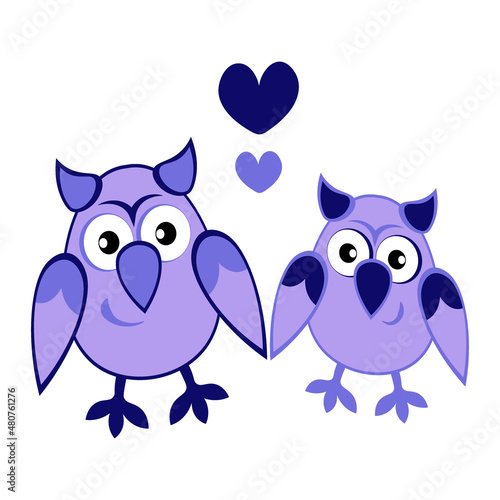 two owls in love with hearts. Cartoon birds. Pastiche. Children drawing