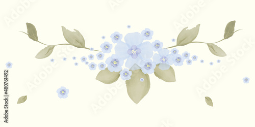 Fototapeta Naklejka Na Ścianę i Meble -  blue flowers with leaves, watercolor, for the design of postcards, invitations and other purposes, forget-me-nots