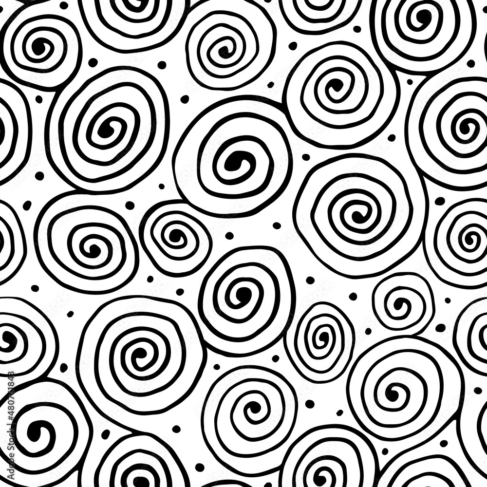 Zen art doodle ornate abstract seamless pattern. Hand drawn black and white curls and swirls boundless background. Creative  monochrome irregular endless texture. Random repeat chaotic surface design.