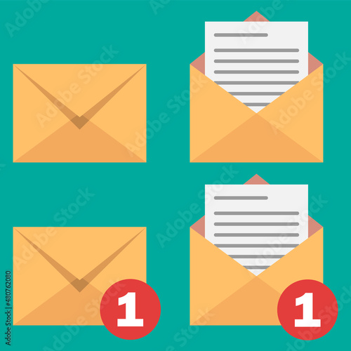 Letter envelope with paper document. Closed, open with a message e-mail envelopes. Set mailbox. Vector illustration.