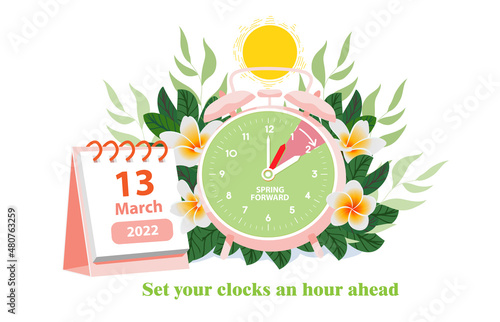 Daylight saving time begins at march 13, 2022 concept. Alarm clock and calendar date