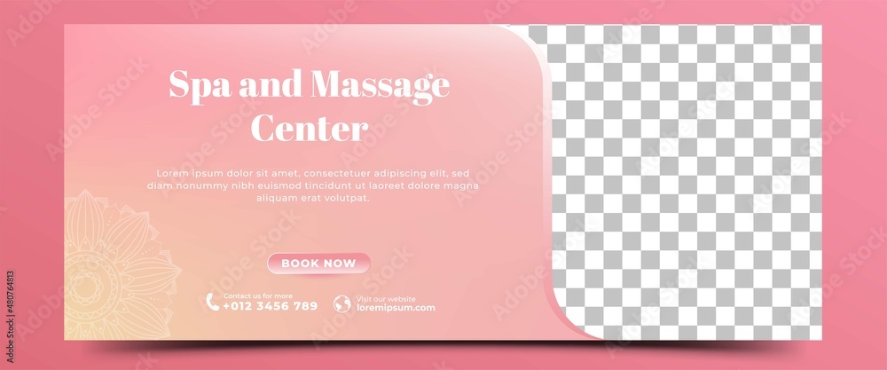 Spa, massage, beauty horizontal banner template. Gradient pink color background with place for the photo.  