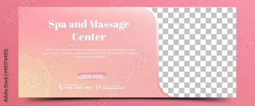 Spa, massage, beauty horizontal banner template. Gradient pink color background with place for the photo.  