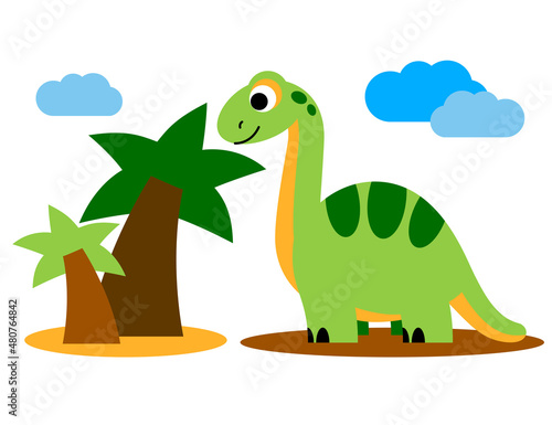 green dinosaur eats greens from a palm tree