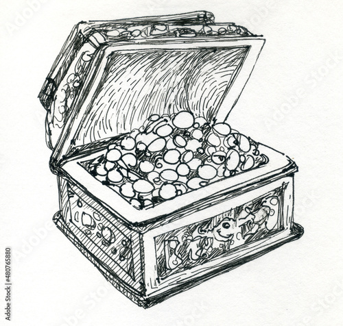 Treasure chest. Pirate coins. Ink drawing.