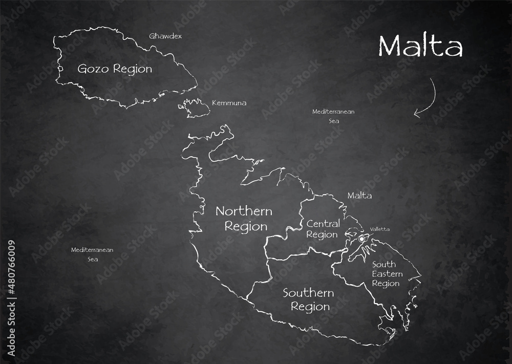 Malta map, Current regions and names, design card blackboard chalkboard