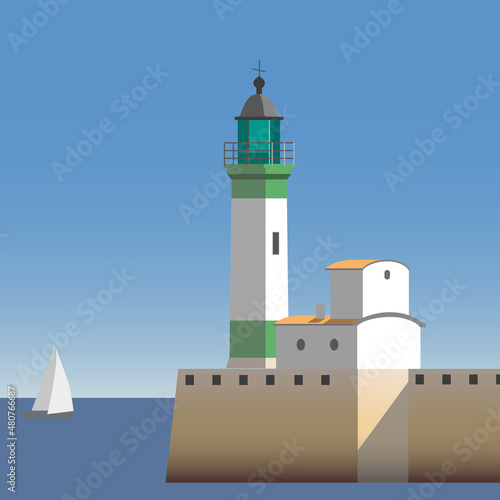 Le Treport lighthouse in the harbour entré in Normandie. Vector illustration photo