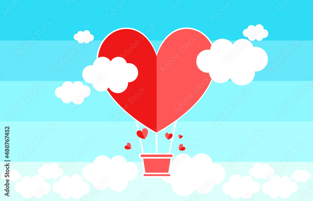Red balloon hearts on blue gradient background with clouds .and your copy space. Concept of love for Valentine's Day. Red balloon hearts on blue gradient background with clouds .and your copy space. Concept of love for Valentine's Day.