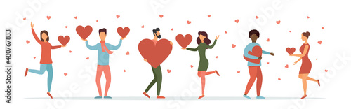 Valentine's Day concept. A set of illustrations. Collection of scenes with people celebrating a romantic holiday, couples on a date, love relationships. Vector illustration in flat design.