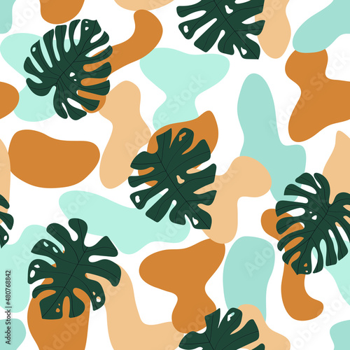 Tropical palm leaves seamless pattern. Abstract jungle with monstera leaves. Exotic colorful print.