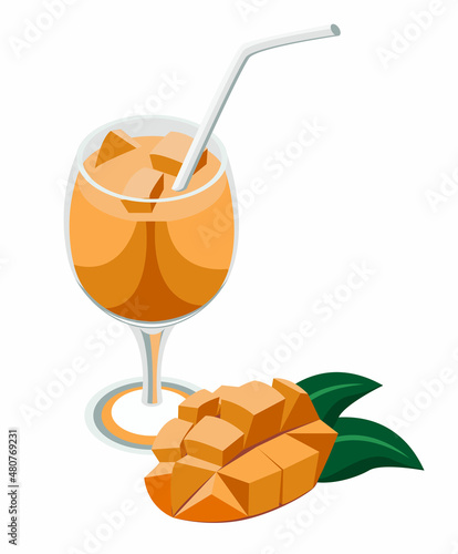 Vector isometric mango smoothie in glass with straw and sliced mango half on white background
