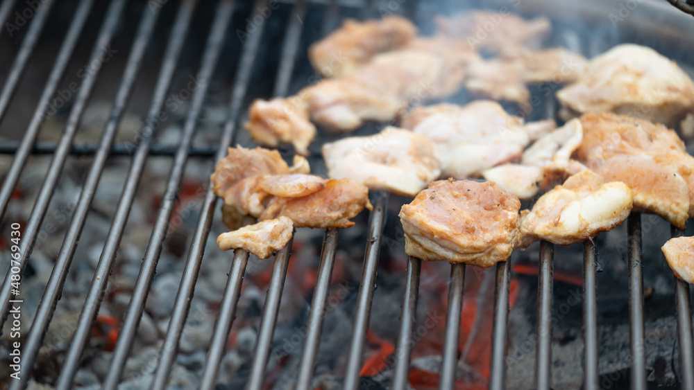 Grilled chicken breast on the flaming grill, real picture, dark background