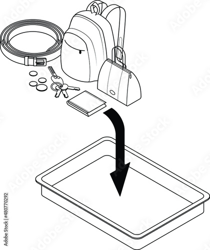 Airport security check: please place handbags, backpacks, belts, wallets, coins, keys into the tray provided.