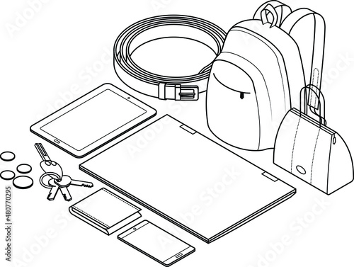 Airport security check: Items subject to screening - belts, handbags, backpacks, laptops, tablets, phones, wallets, keys, coins.