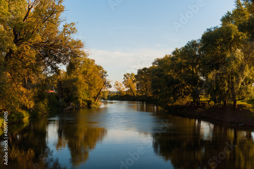 Picturesque landscape of river and forest during sunset. Flat river among trees.