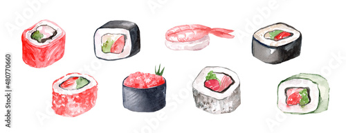 Colorful set of sushi, wasabi, nigiri, ginger isolated watercolor illustration. Food.