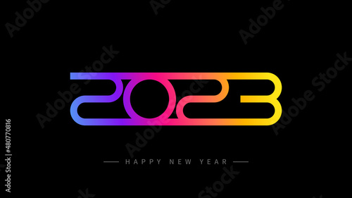 2023 Happy New Year banner. Vector illustration with colorful numbers 2023 with trendy gradient. New Year holiday symbol template on black background.