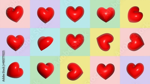 Abstract 3d red hearts on candy color background.Love and valentine concept.3d render illustration.