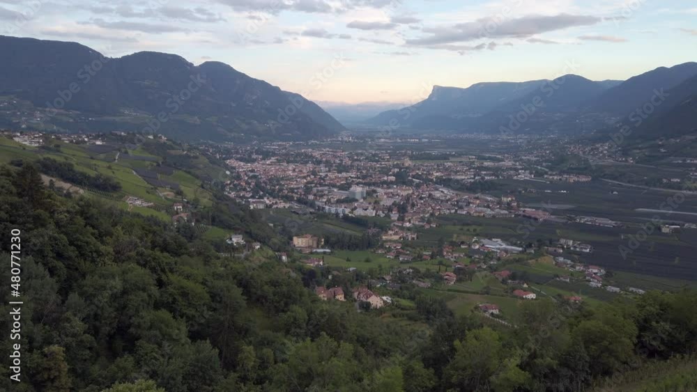 Slow pan right across the Merano valley at dusk, Italy Slow pan right across the Merano valley at dusk, Italy