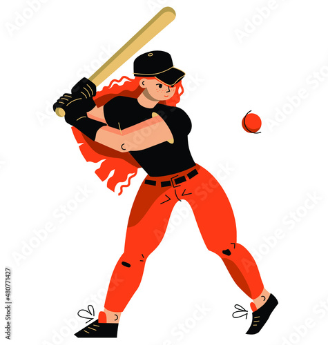 Young girl playing baseball. Vector flat illustration isolated on white background