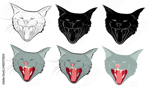Set of Realistic yawning cat portrait. Vector illustration.