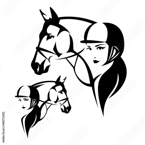 woman jockey rider wearing helmet and horse head - female jockey representing equestrian sport black and white vector design set
