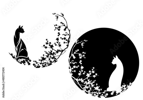 beautiful elegant cat sitting among sakura blossom branches - cute pet animal black and white vector circle design set