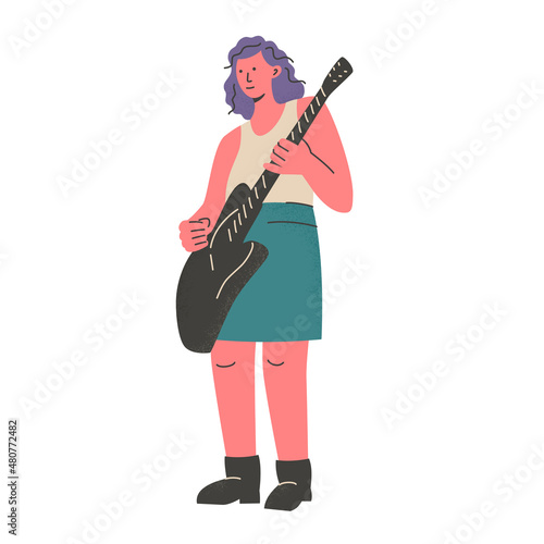 Woman playing the guitar, professional or immature musician, band member with electric or bass guitar on stage. Musical performance. Vector