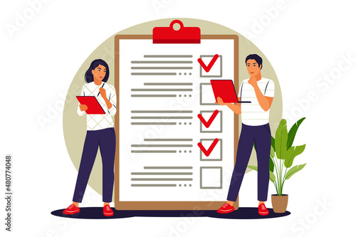 Customers filling up survey form. Vector illustration. Flat