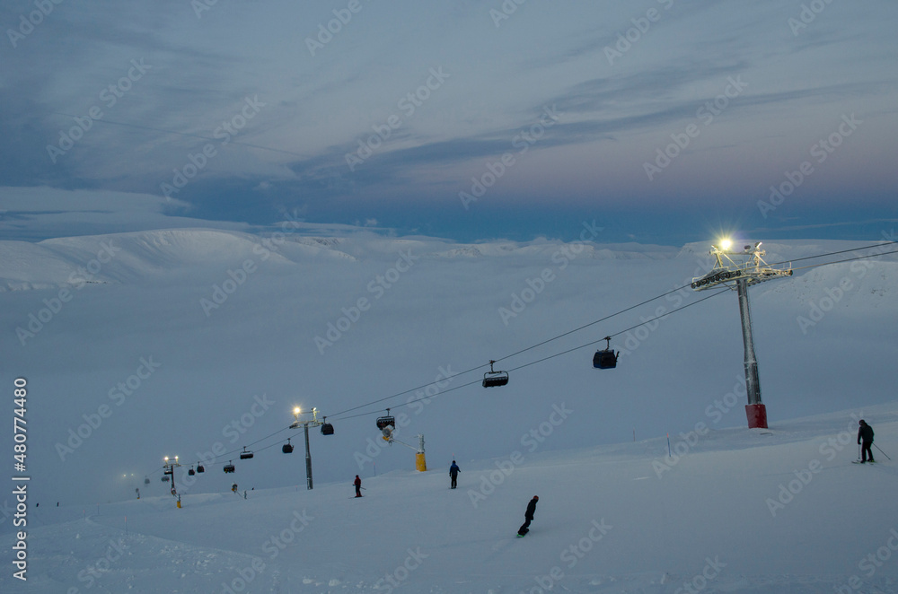 Obraz premium View from the top of the Khibiny mountains in Kirovsk ski resort in the Murmansk region