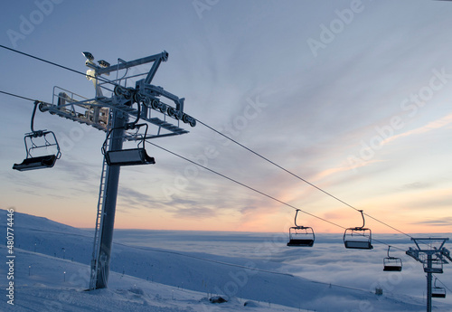 View from the top of the Khibiny mountains in Kirovsk ski resort in the Murmansk region