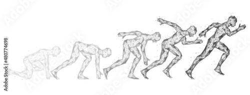 Postures of the human body from start to run. Polygonal design of lines and points.